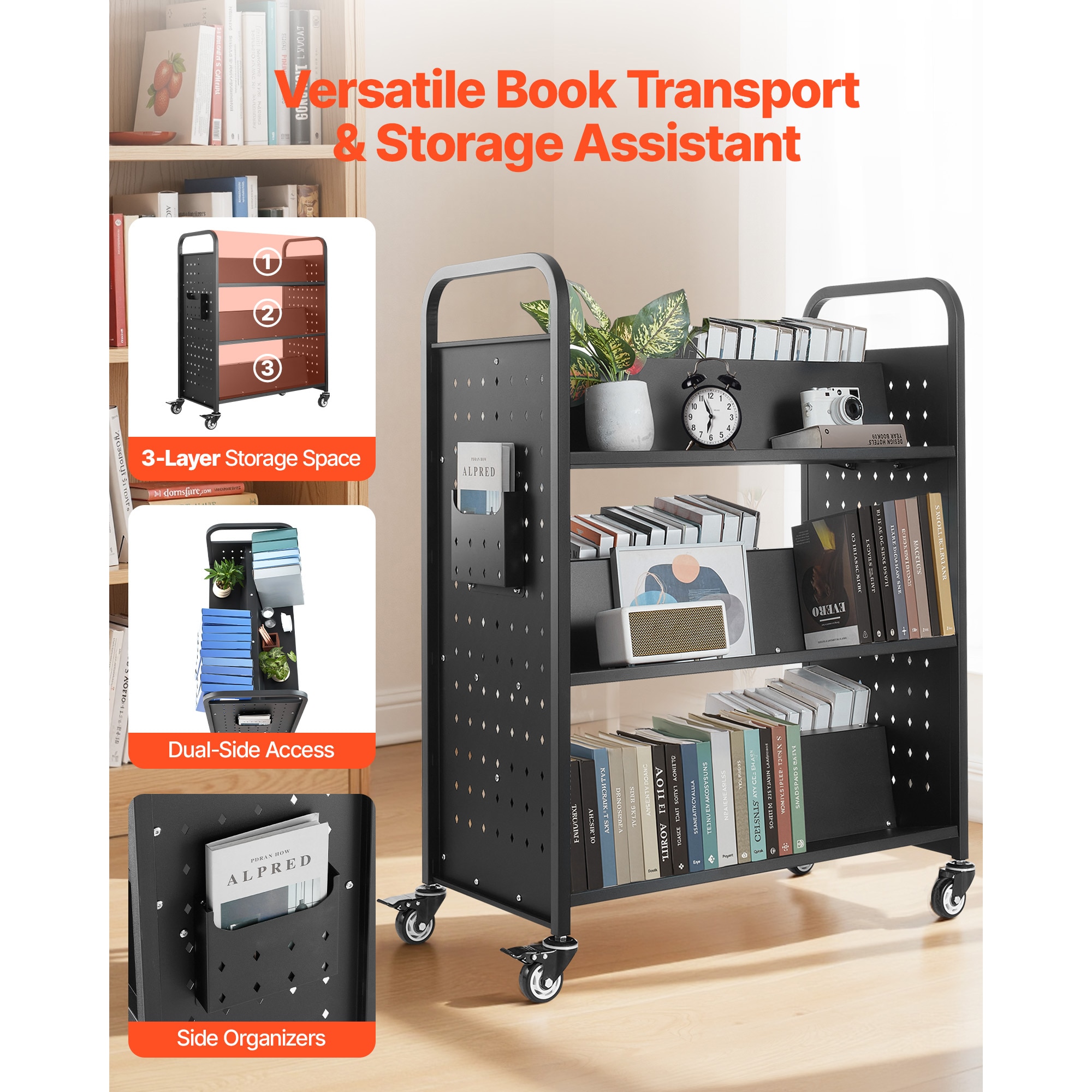 3-tier Rolling Book Cart Double Sided W-shaped Shelving Unit Black_voghion.com